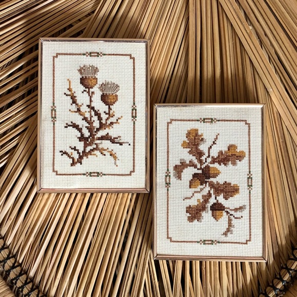 Vintage Other - 70's Needlework Art - Acorn Art - Thistle Art - Handmade - Needlepoint - Crewel